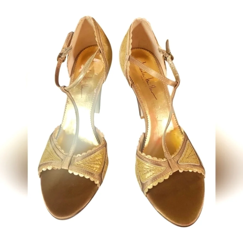 Nicole Miller Couture Formal Holiday Gold Satin Leather Women's Heels 8 1/2B